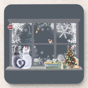 Cats at Christmas Window  Coaster