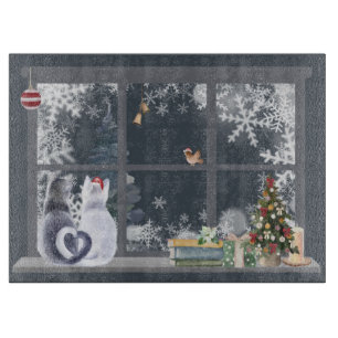 Cats at Christmas Window  Cutting Board