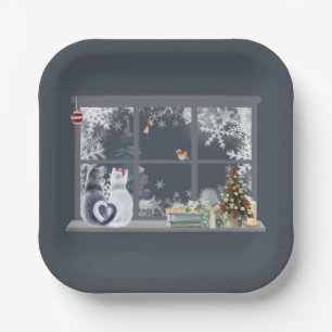 Cats at Christmas Window Paper Plate