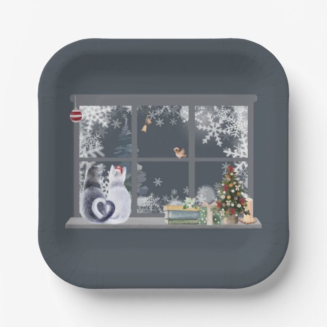 Cats at Christmas Window  Paper Plate (Front)
