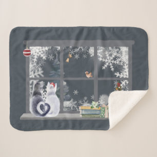 Cats at Christmas Window Sherpa Blanket