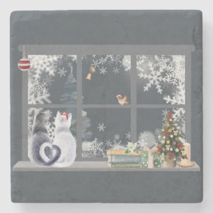 Cats at Christmas Window Stone Coaster