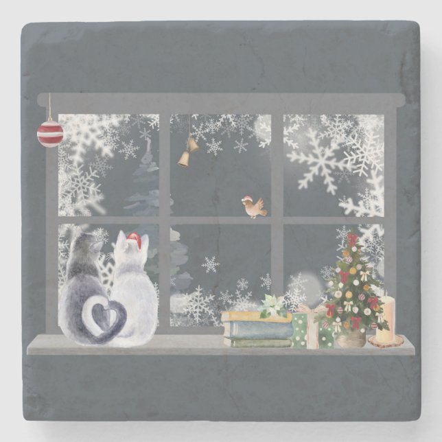 Cats at Christmas Window  Stone Coaster (Front)