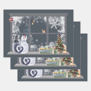 Cats at Christmas Window Wrapping Paper Sheet