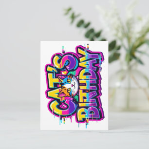 Cat's Birthday Rainbow Glitch Invitation Postcard