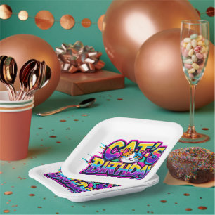 Cat's Birthday Rainbow Glitch Paper Plate