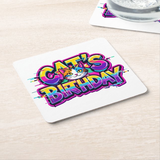 Cat's Birthday Rainbow Glitch Square Paper Coaster (Angled)
