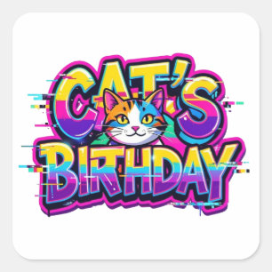 Cat's Birthday Rainbow Glitch Square Sticker