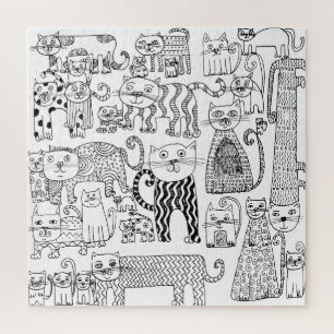 Cats Black and White Fun Hand Drawn Modern Art Jigsaw Puzzle