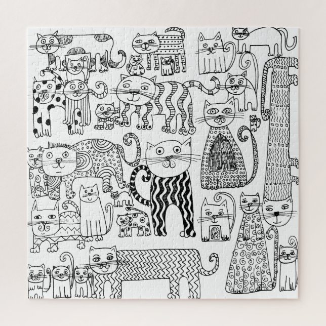 Cats Black and White Fun Modern Hand Drawn  Jigsaw Puzzle (Vertical)