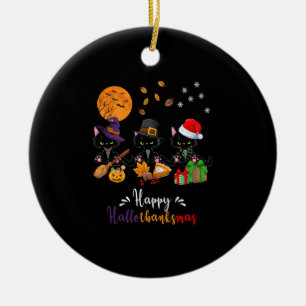 Cats Black Cat Halloween and Merry Christmas Happy Ceramic Ornament