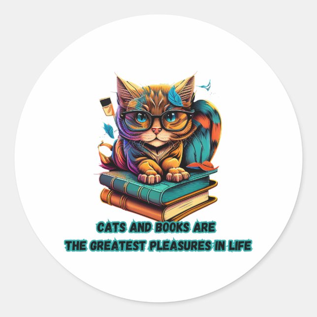 Cats books life pleasure feline friend literature classic round sticker (Front)