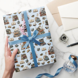 Cats & Books on Light Blue Wrapping Paper