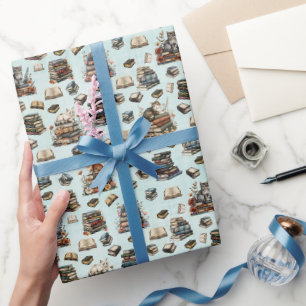 Cats & Books on Light Green Wrapping Paper