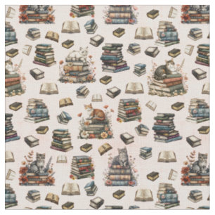Cats & Books on Light Peach Fabric