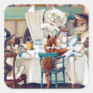 Cat's Breakfast Time, Louis Wain Square Sticker