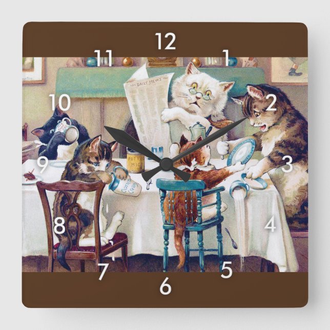 Cat's Breakfast Time, Louis Wain Square Wall Clock (Front)
