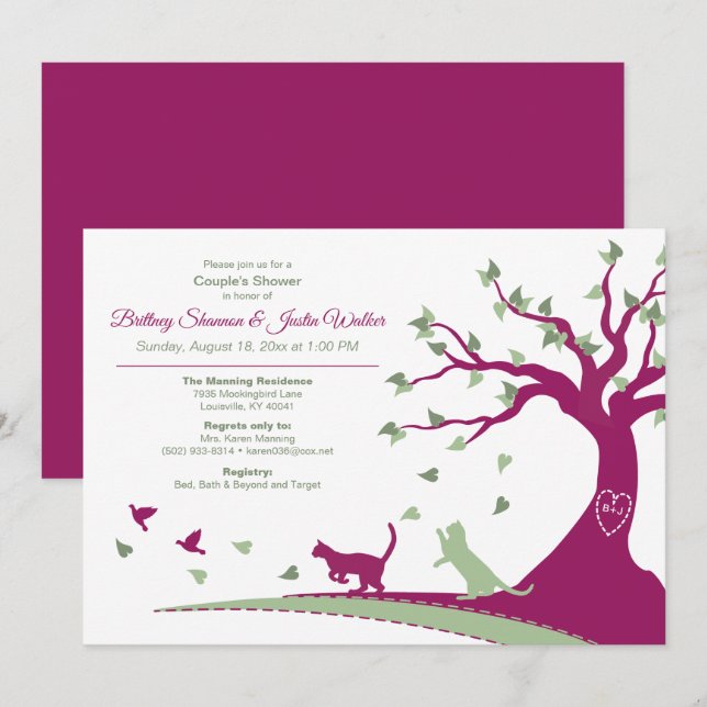 Cats Chasing Birds Couple's Shower Invitation (Front/Back)