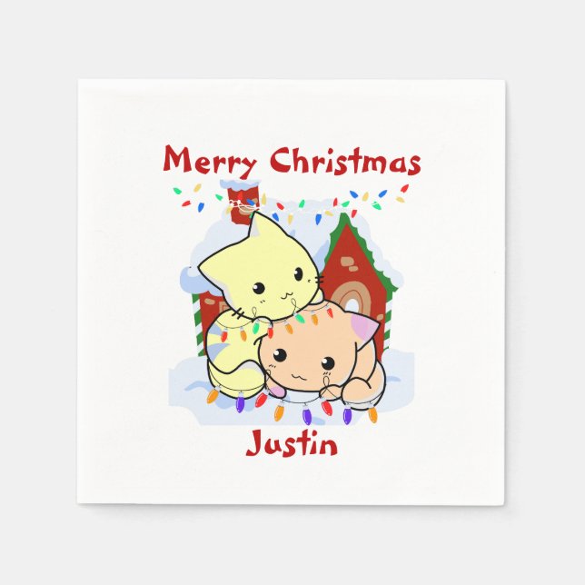 Cats christmas gift, personalised name  napkin (Front)