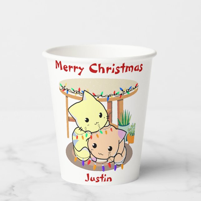 Cats christmas gift, personalised name  paper cups (Front)
