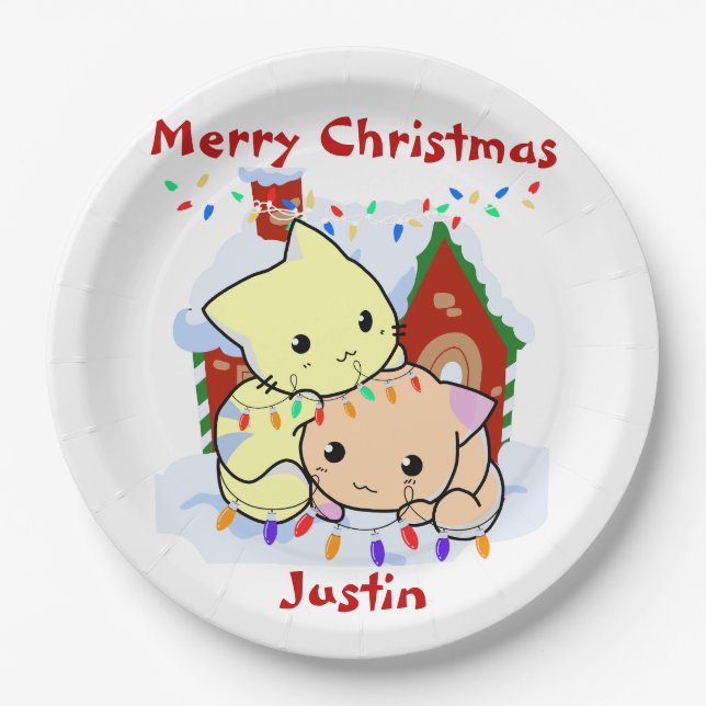 Cats christmas gift, personalised name paper plate (Front)