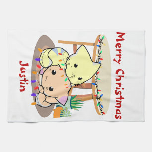 Cats christmas gift, personalized name tea towel