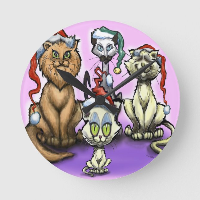 Cats Christmas Hats Round Clock (Front)