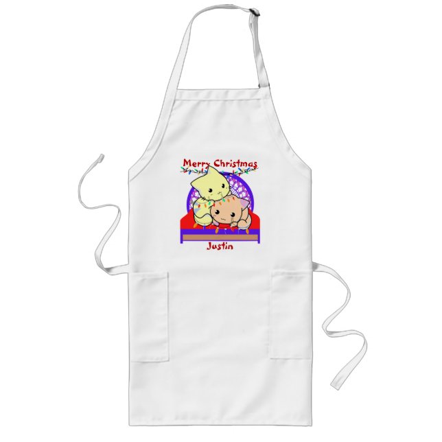 Cats christmas on bed, personalised name long apron (Front)