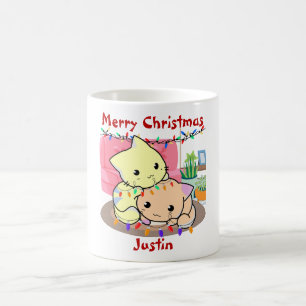 Cats christmas on mat, personalised name  coffee mug