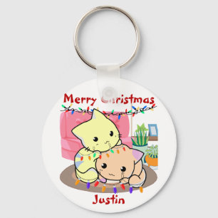 Cats christmas on mat, personalised name key ring