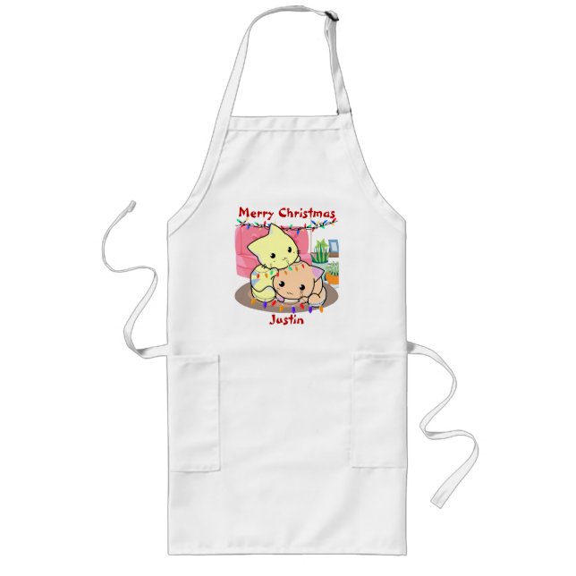 Cats christmas on mat, personalised name long apron (Front)