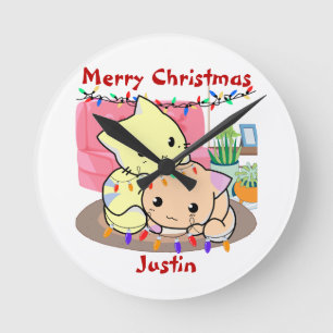Cats christmas on mat, personalised name round clock