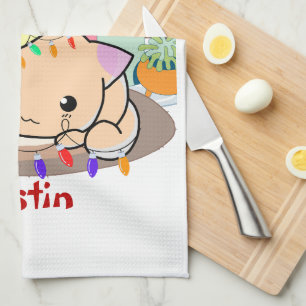 Cats christmas on mat, personalised name tea towel