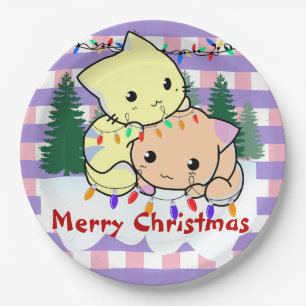 Cats christmas on snow, personalised name   paper plate