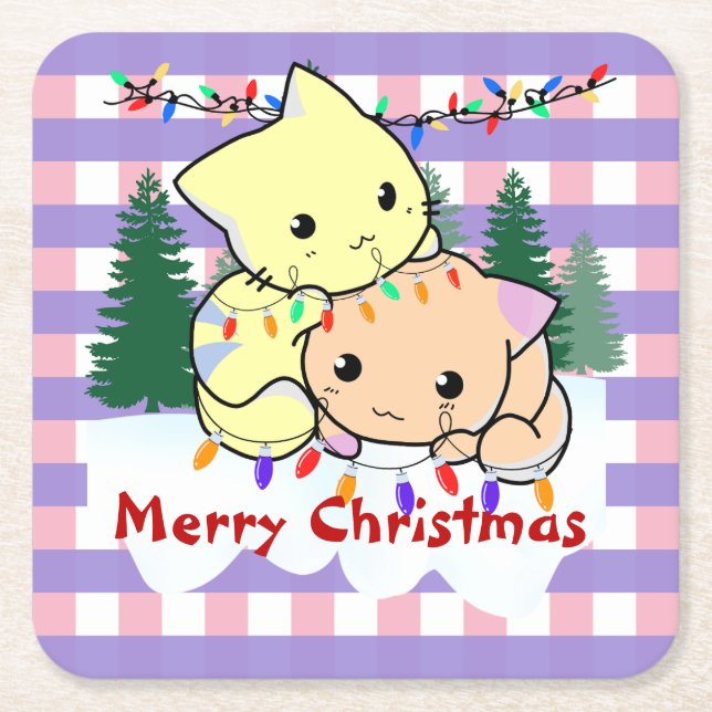 Cats christmas on snow, personalised name    square paper coaster (Front)