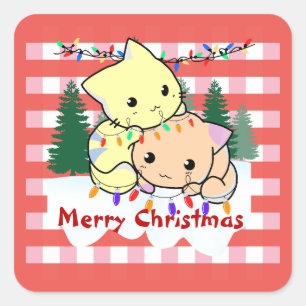 Cats christmas on snow, personalised name square sticker
