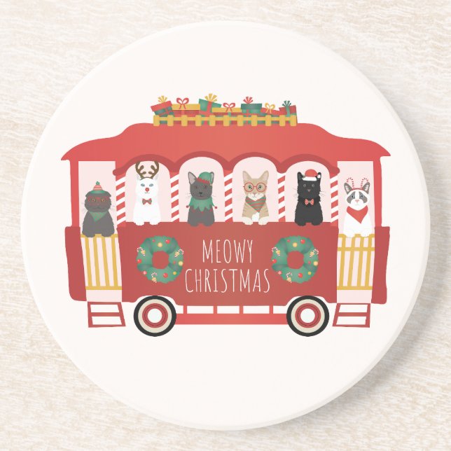 Cats Christmas Trolly Meowy Christmas Coaster (Front)