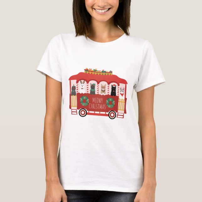 Cats Christmas Trolly Meowy Christmas T-Shirt (Front)