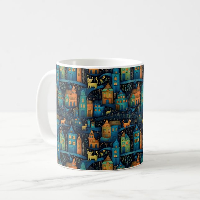 Cats City Blue Terracotta Green Ai Art Coffee Mug (Front Left)