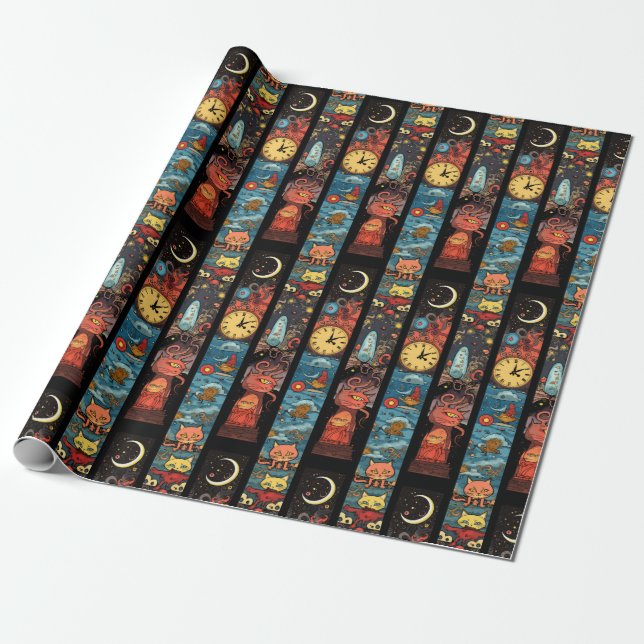 Cats Clocks and Aliens Wrapping Paper (Unrolled)