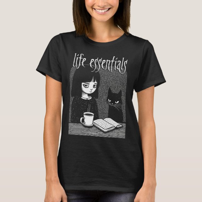 Cats Coffee And Books Creepy Cute Girl Life Essent T-Shirt (Front)