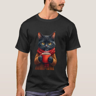 Cats Coffee Lover Cute Black Cat Winter Scarf Autu T-Shirt