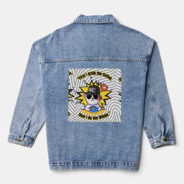 cats coffee quote  denim jacket (Back)