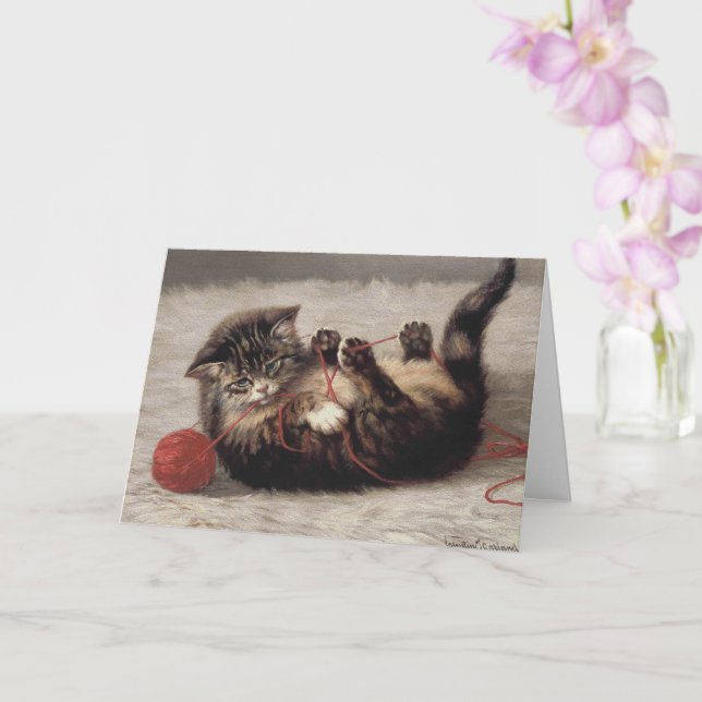 Cat's Cradle, A Cat Playing Ball of Yarn Card (Orchid)