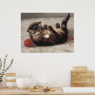 Cat's Cradle, A Cat Playing Ball of Yarn Poster