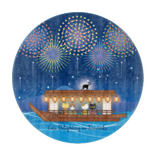 Cats Delighting in Fireworks Aboard a Houseboat Cutting Board