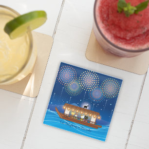 Cats Delighting in Fireworks Aboard a Houseboat Glass Coaster