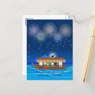 Cats Delighting in Fireworks Aboard a Houseboat Holiday Postcard