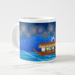 Cats Delighting in Fireworks Aboard a Houseboat Large Coffee Mug