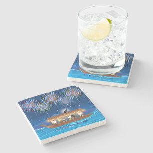 Cats Delighting in Fireworks Aboard a Houseboat Stone Coaster